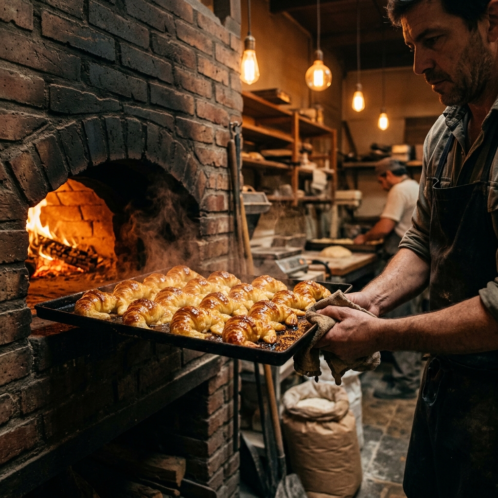Medialunas saliendo doradas del horno de ladrillos